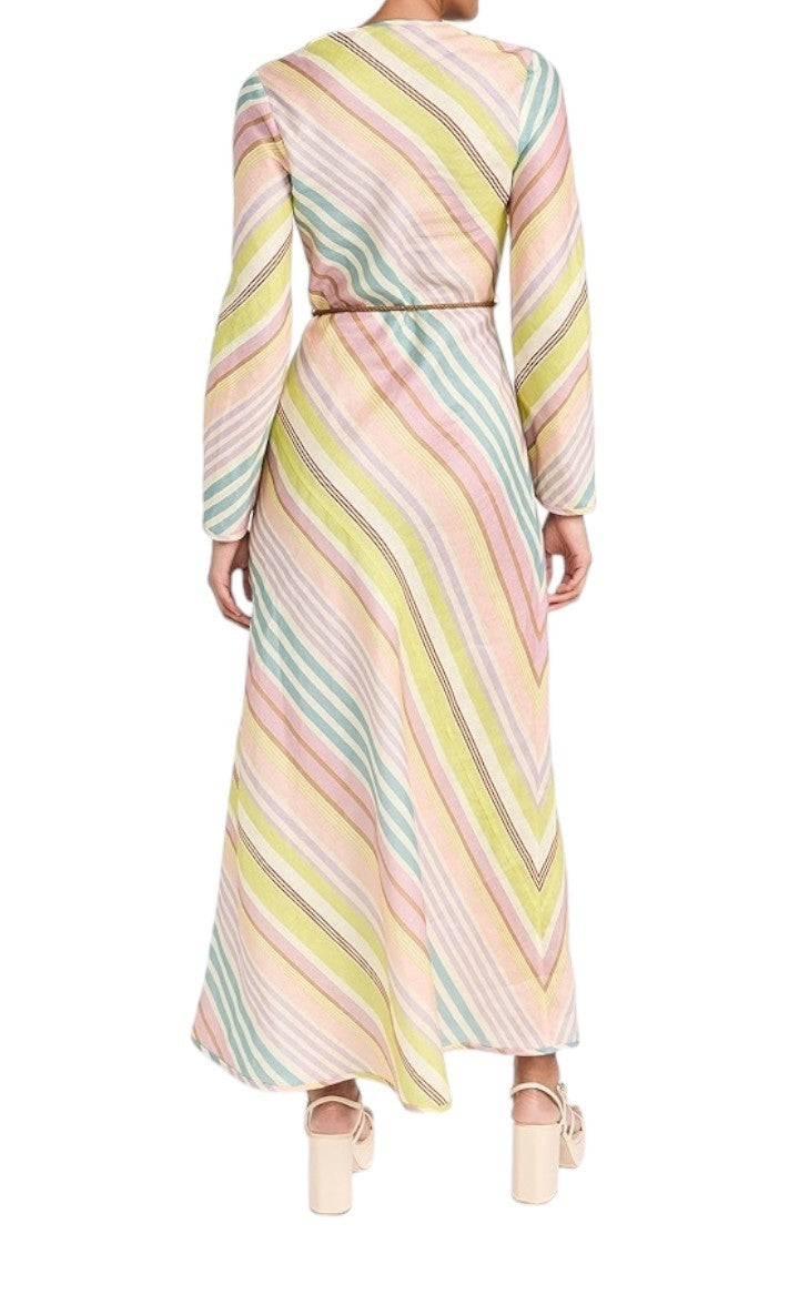Zimmermann Halliday Bias Long Dress | Multi Stripe, Linen, Belt, Long Sleeve