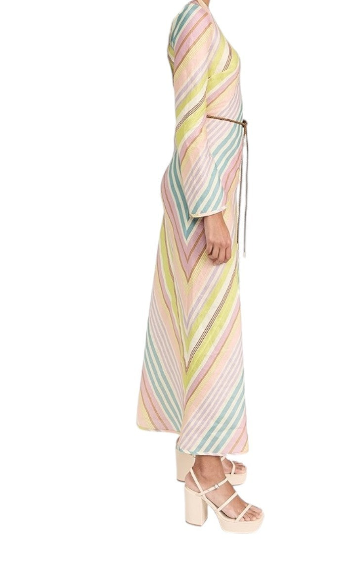 Zimmermann Halliday Bias Long Dress | Multi Stripe, Linen, Belt, Long Sleeve