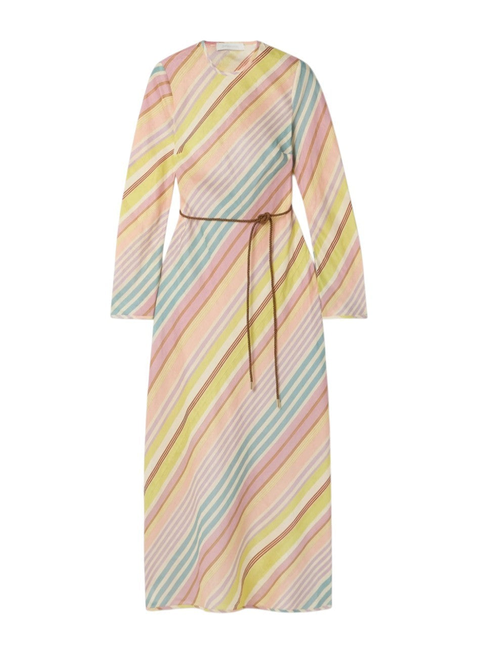 Zimmermann Halliday Bias Long Dress | Multi Stripe, Linen, Belt, Long Sleeve