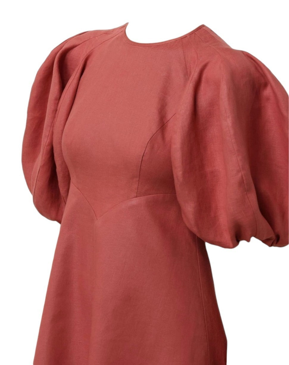 Zimmermann Midi Day Dress | Lipstick/Red/Pink, Blouson/Puff sleeves, Linen