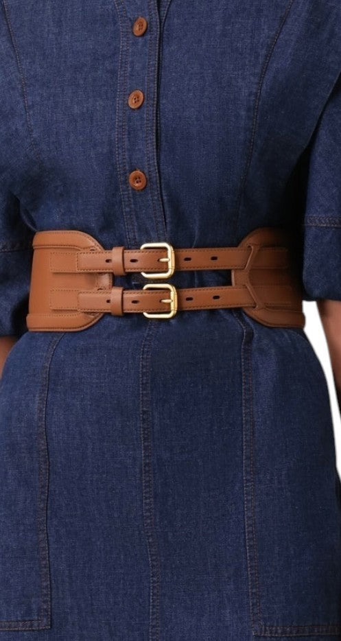 Zimmermann Leather Belt 90 |Double Buckle, Tan/Brown, Wide, Waist, Leather, Gold
