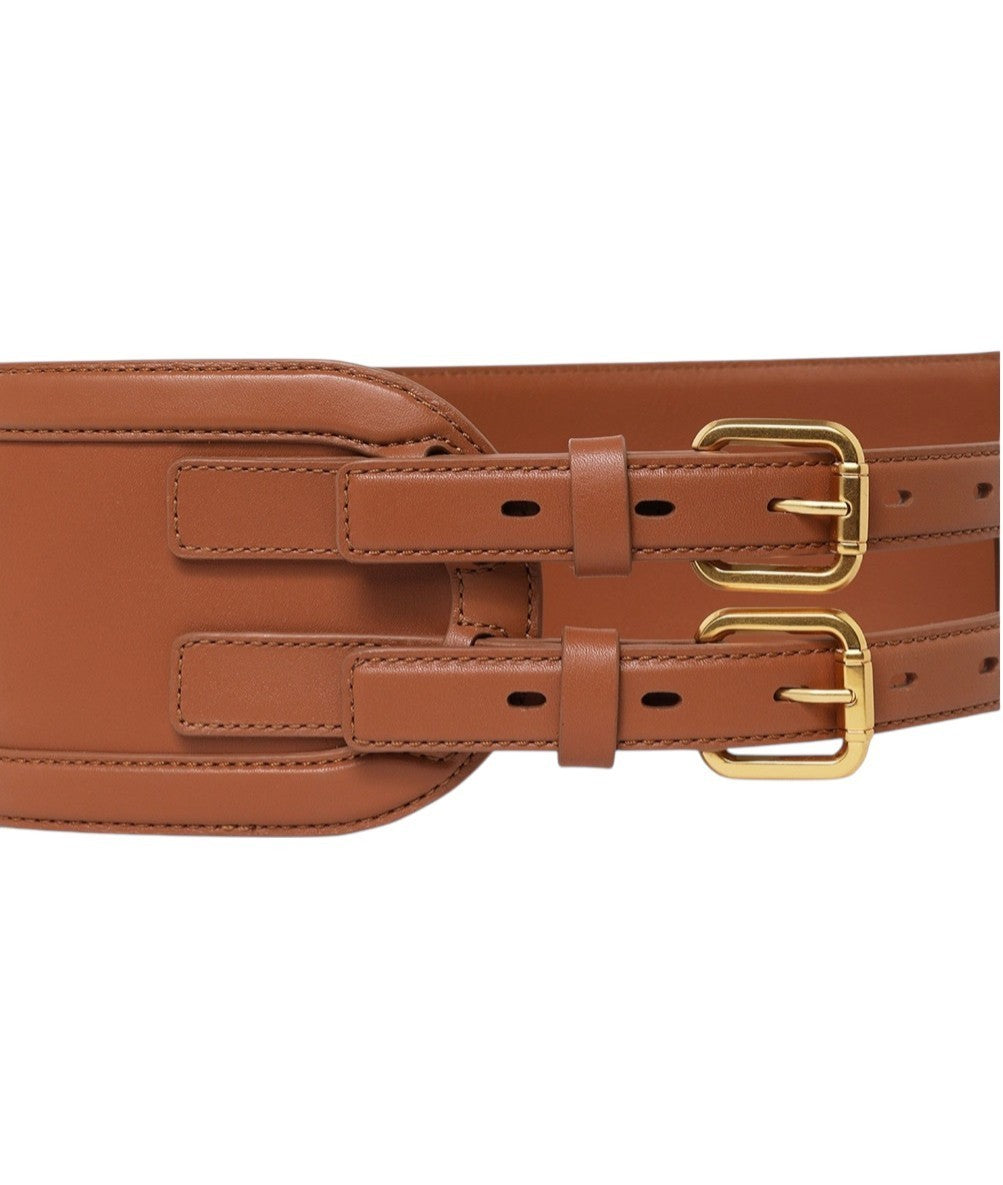 Zimmermann Leather Belt 90 |Double Buckle, Tan/Brown, Wide, Waist, Leather, Gold