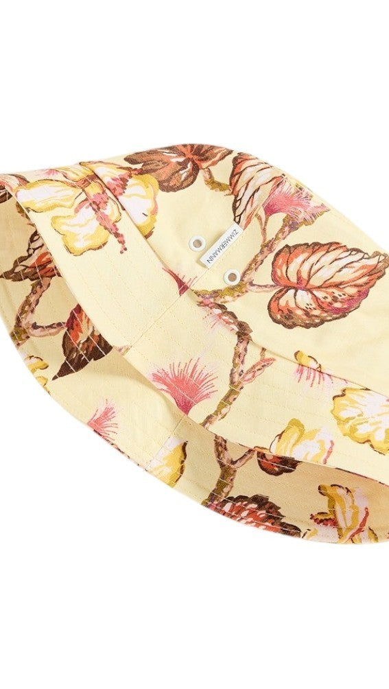 Zimmermann Printed Bucket Hat | Yellow Hibiscus Floral Print, Linen, Summer Hat