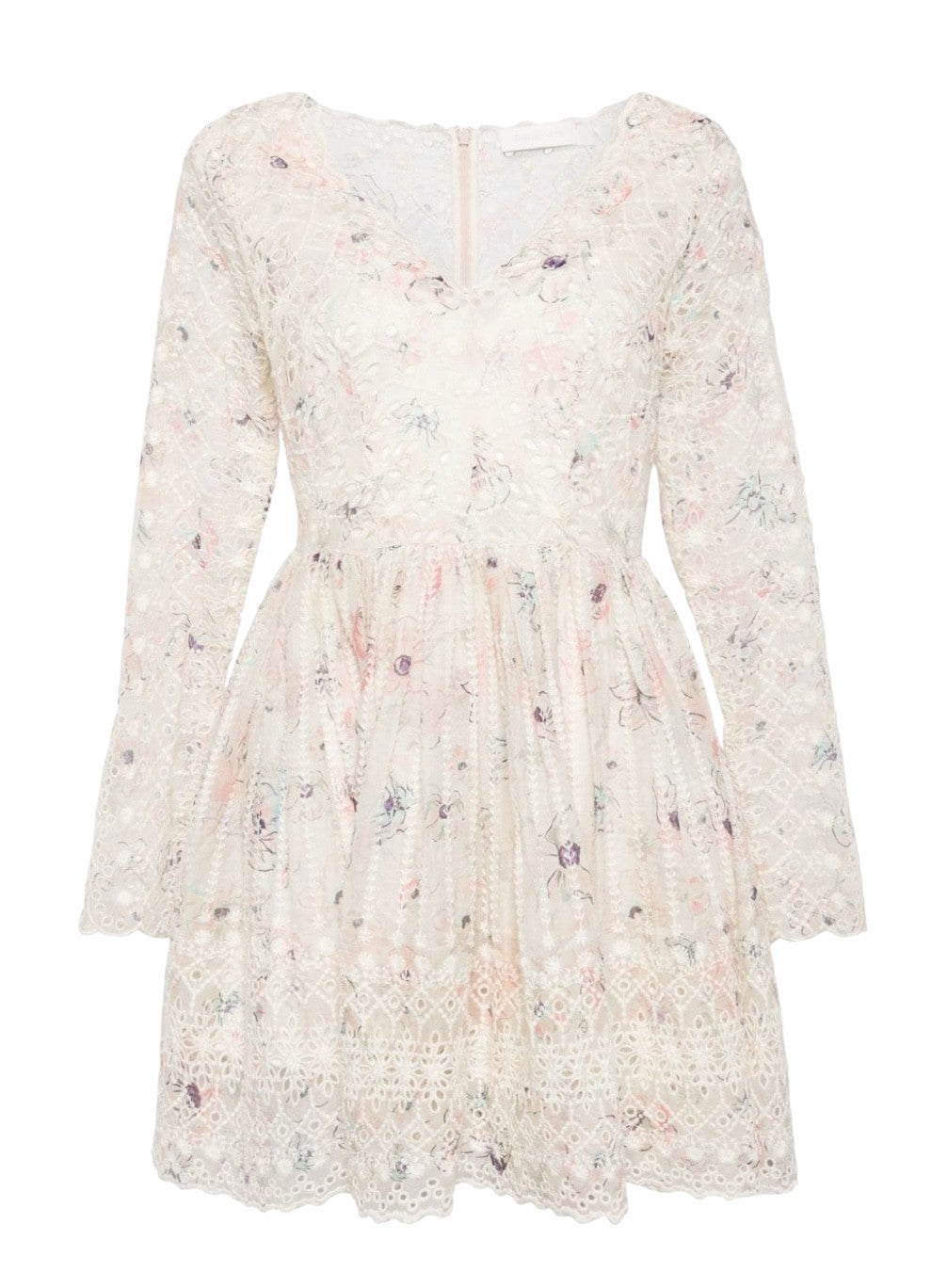 Zimmermann Halliday Mini Dress | Ivory Watercolour Floral, White, Embroidered