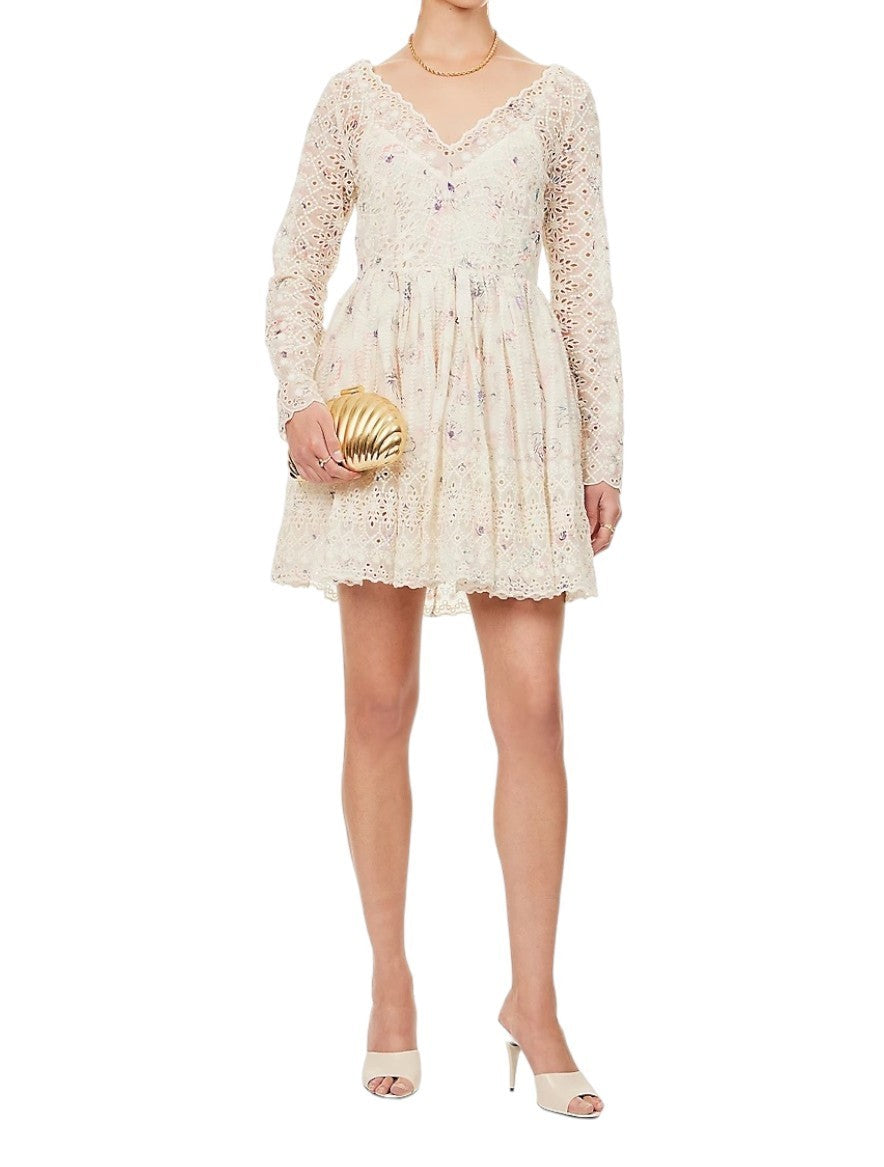 Zimmermann Halliday Mini Dress | Ivory Watercolour Floral, White, Embroidered