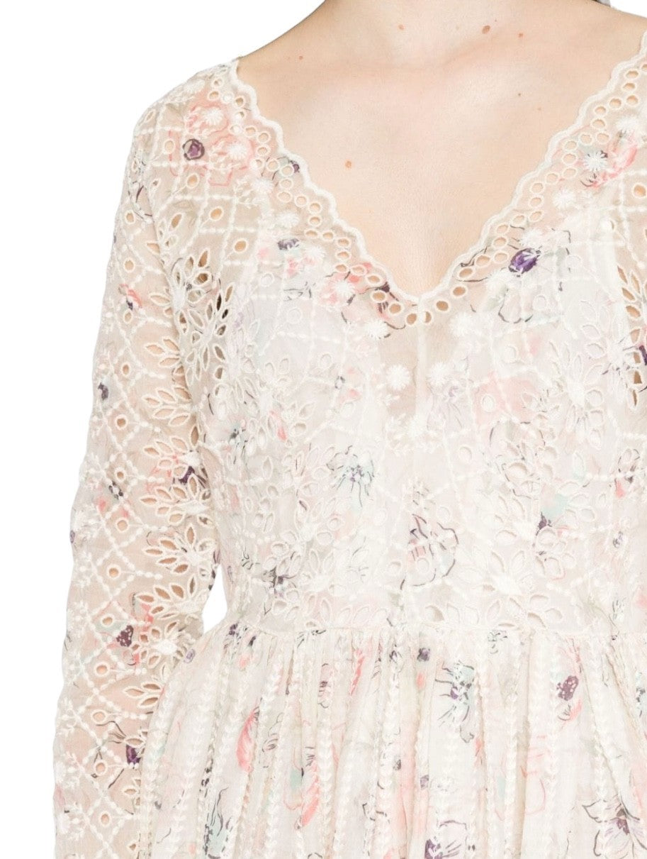 Zimmermann Halliday Mini Dress | Ivory Watercolour Floral, White, Embroidered