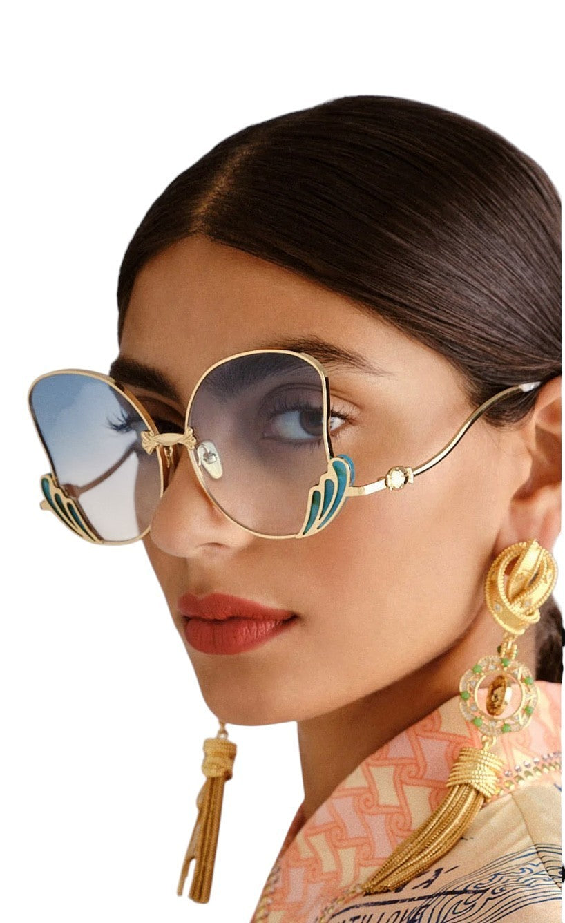 Camilla Goddess Energy Sunglasses | Gold/Turquoise Blue, Butterfly, Oversized