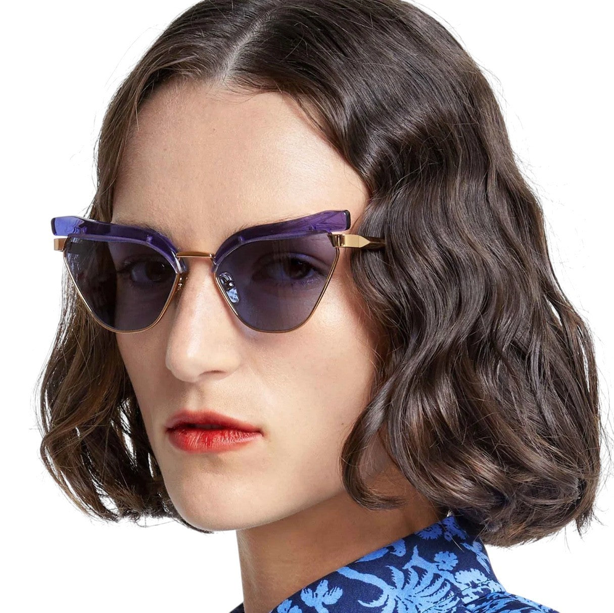 Karen Walker Fantasia Sunglasses | Blue/Gold, Blue Lens, Cat Eye, Metal/Acetate