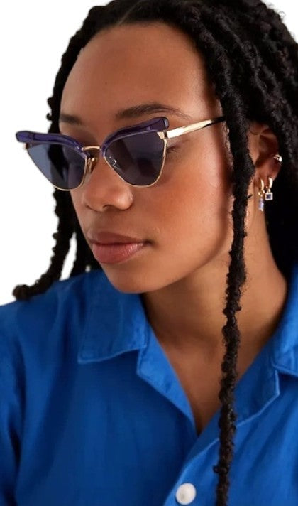 Karen Walker Fantasia Sunglasses | Blue/Gold, Blue Lens, Cat Eye, Metal/Acetate