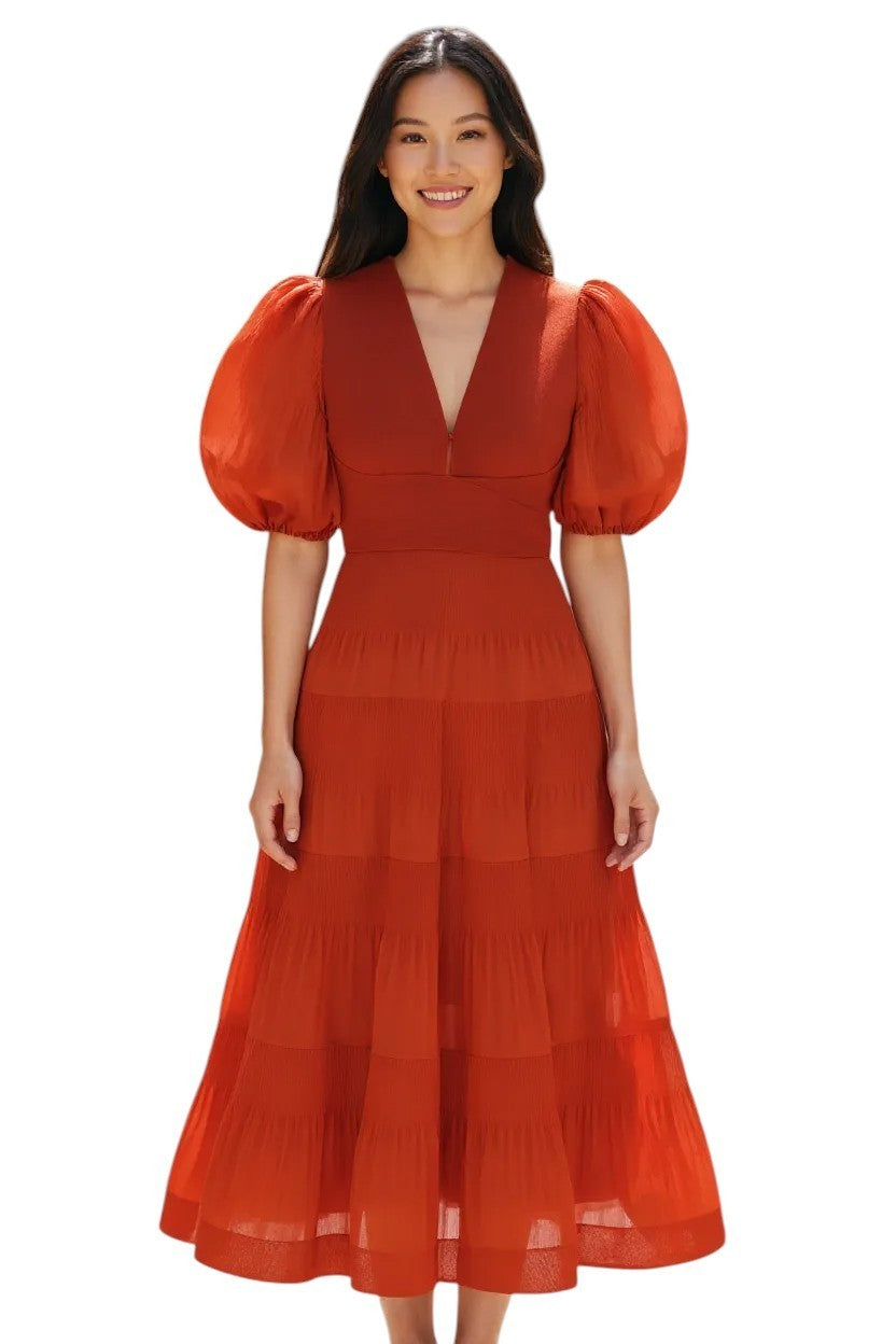 Zimmermann Pleated Midi Dress |Plisse, Dark Red, Puff Sleeves, Plunging V-Neck