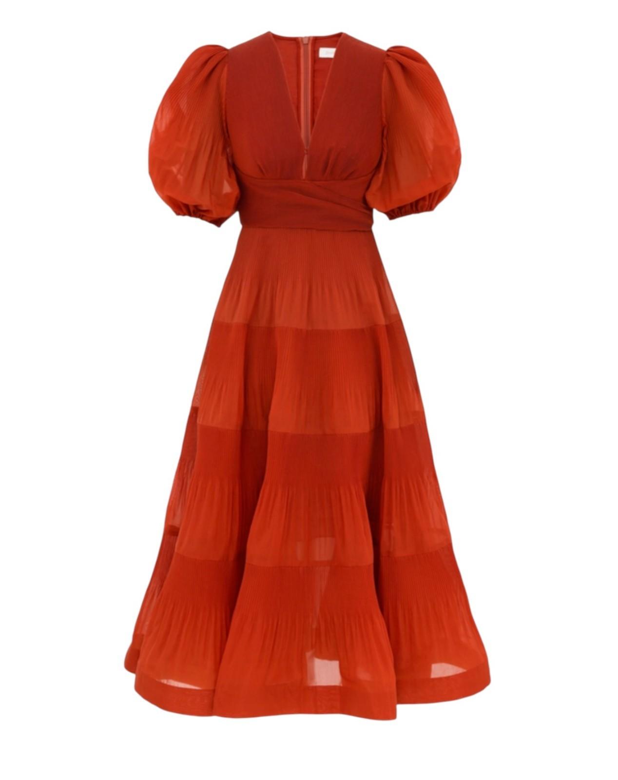 Zimmermann Pleated Midi Dress |Plisse, Dark Red, Puff Sleeves, Plunging V-Neck