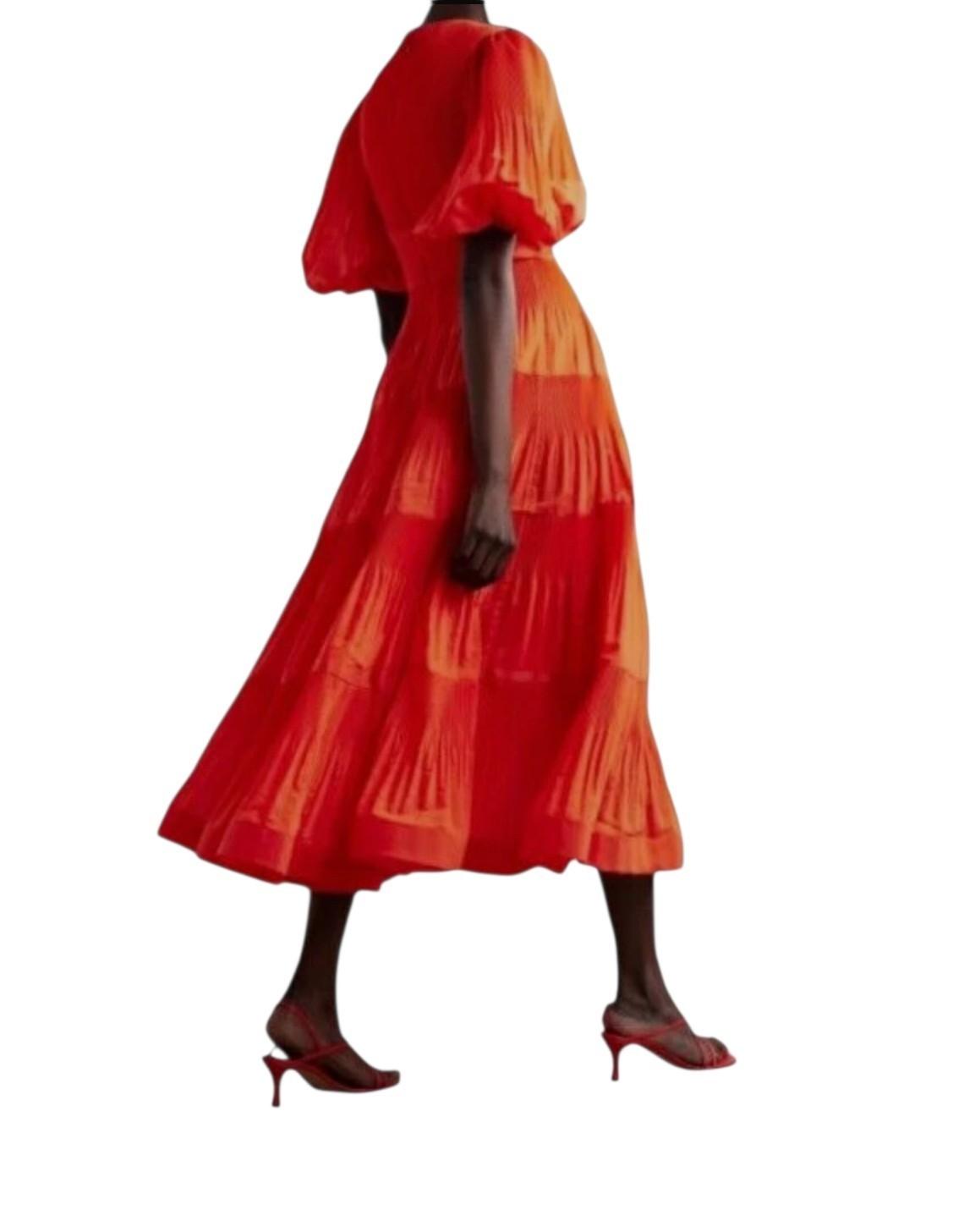 Zimmermann Pleated Midi Dress |Plisse, Dark Red, Puff Sleeves, Plunging V-Neck