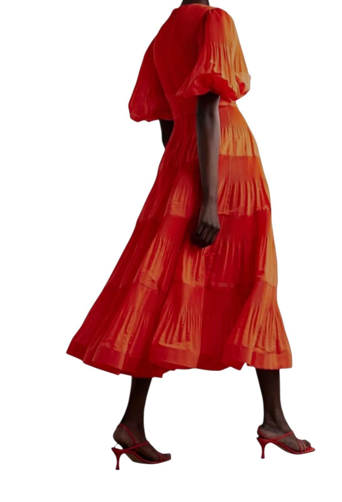 Zimmermann Pleated Midi Dress |Plisse, Dark Red, Puff Sleeves, Plunging V-Neck