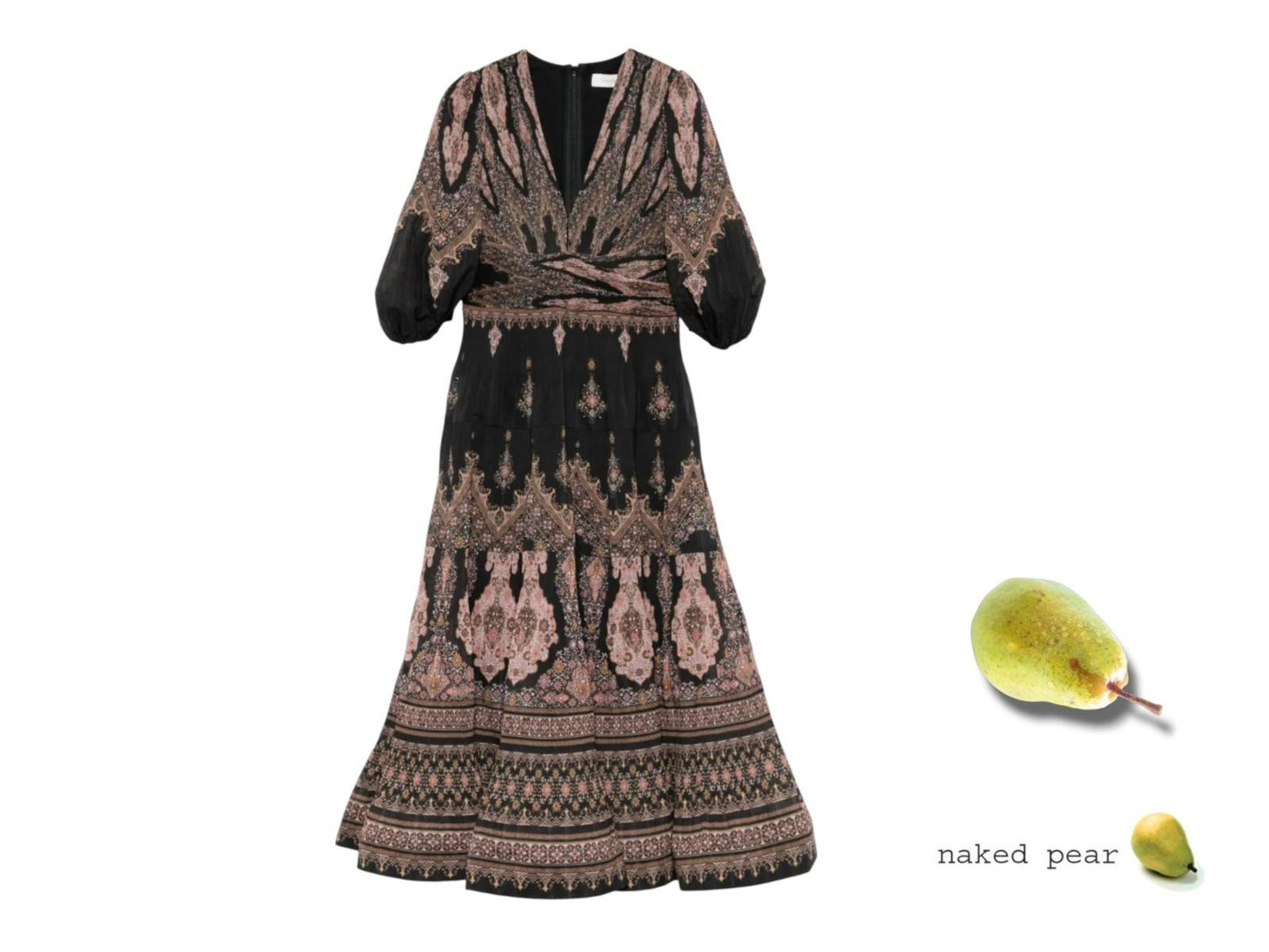 Zimmermann Pleated Midi Dress |Plisse, Black Paisley, Puff Sleeves, V-Neck