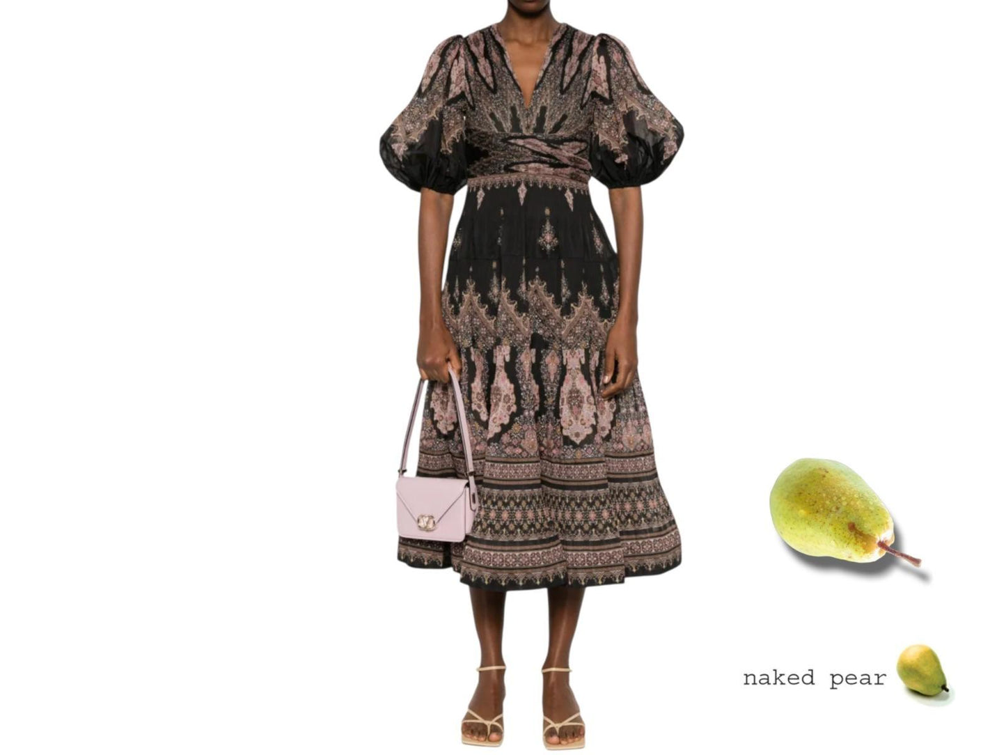 Zimmermann Pleated Midi Dress |Plisse, Black Paisley, Puff Sleeves, V-Neck