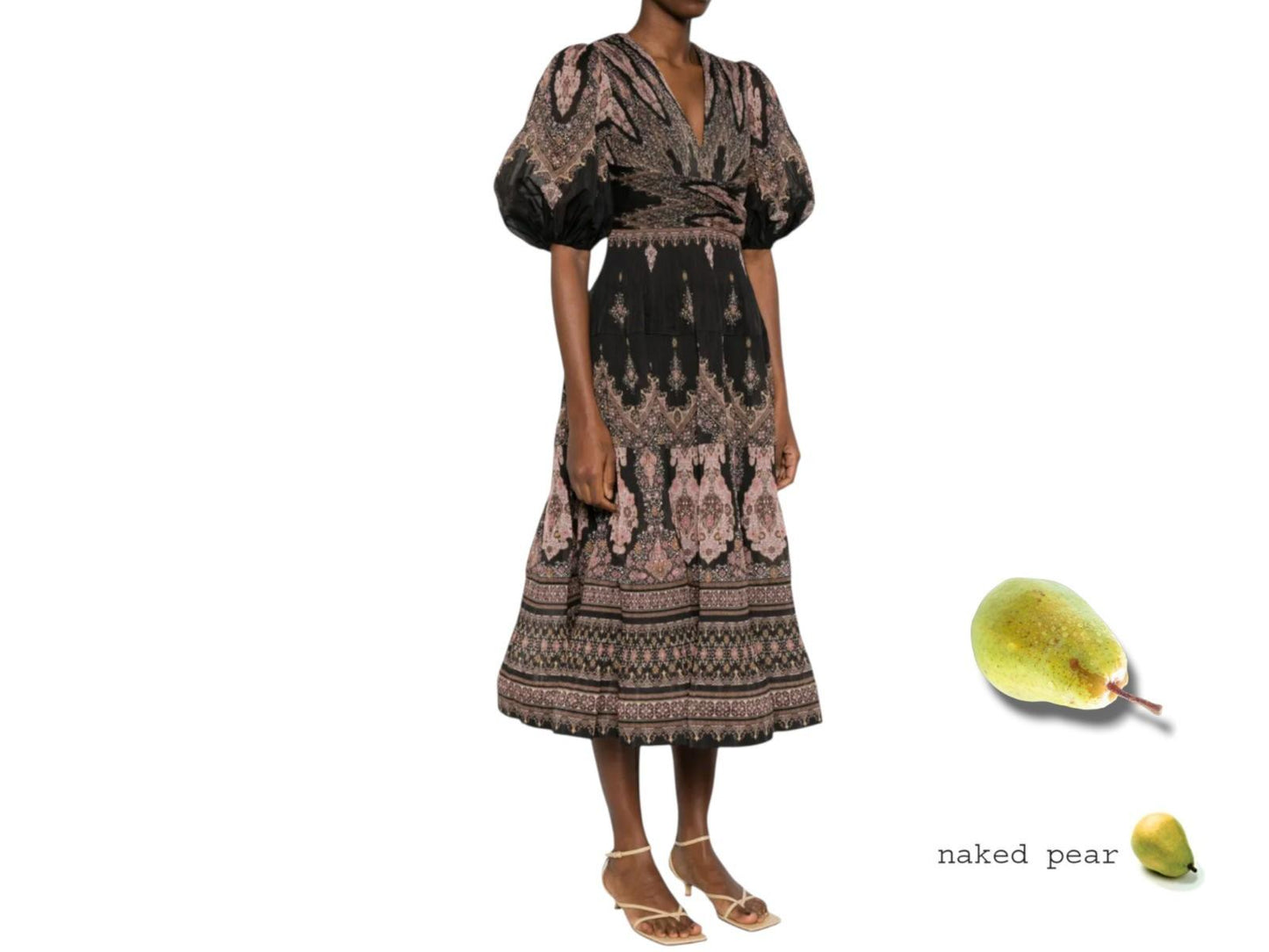 Zimmermann Pleated Midi Dress |Plisse, Black Paisley, Puff Sleeves, V-Neck