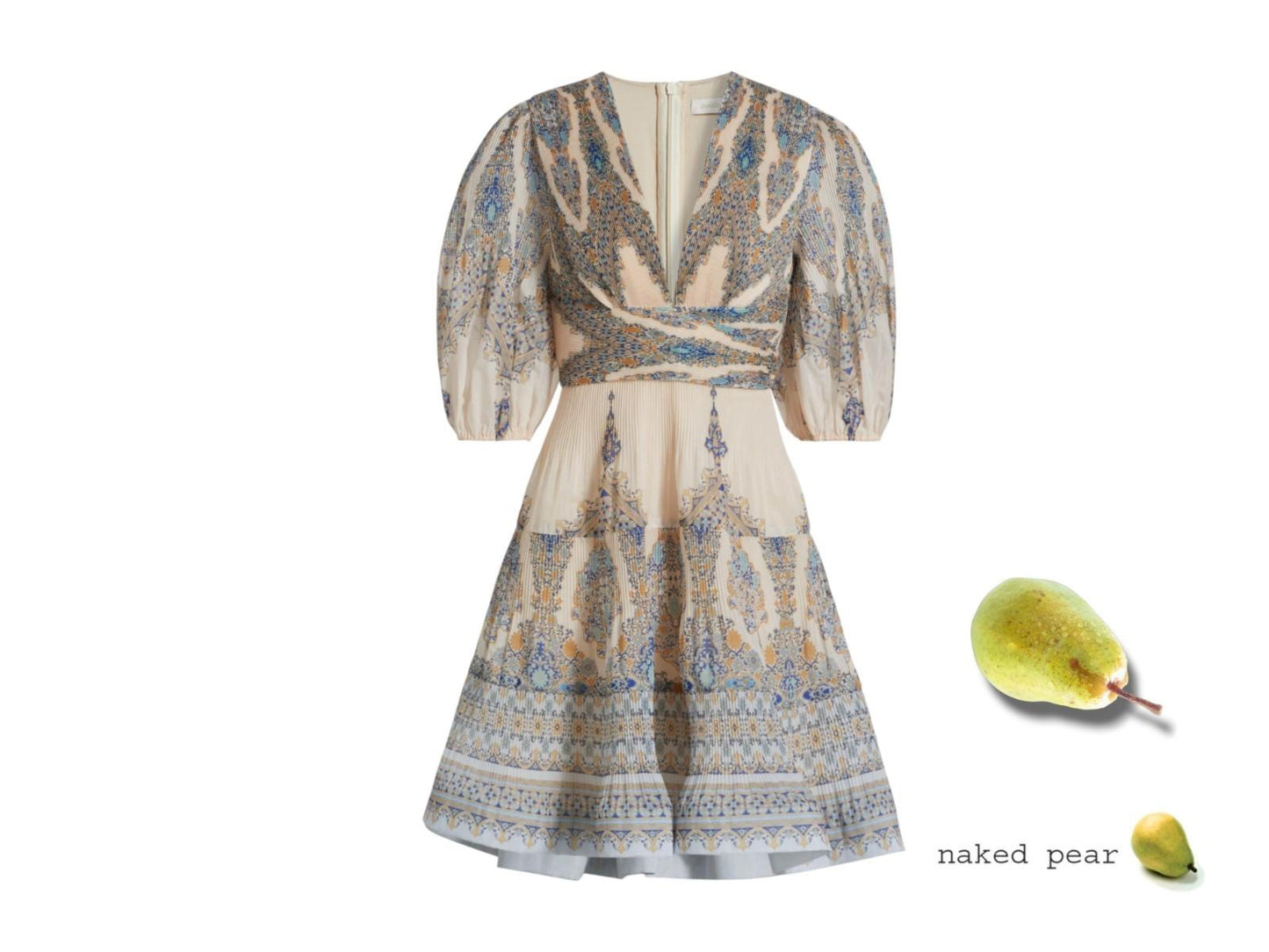 Zimmermann Pleated Mini Dress |Blue Paisley, Puff Sleeves, Plunging V-Neck