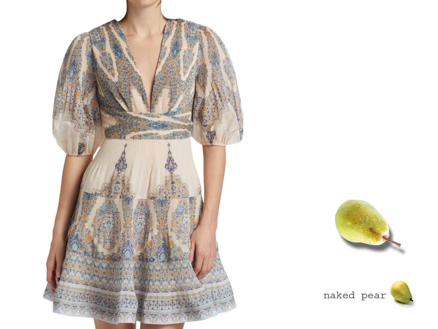 Zimmermann Pleated Mini Dress |Blue Paisley, Puff Sleeves, Plunging V-Neck