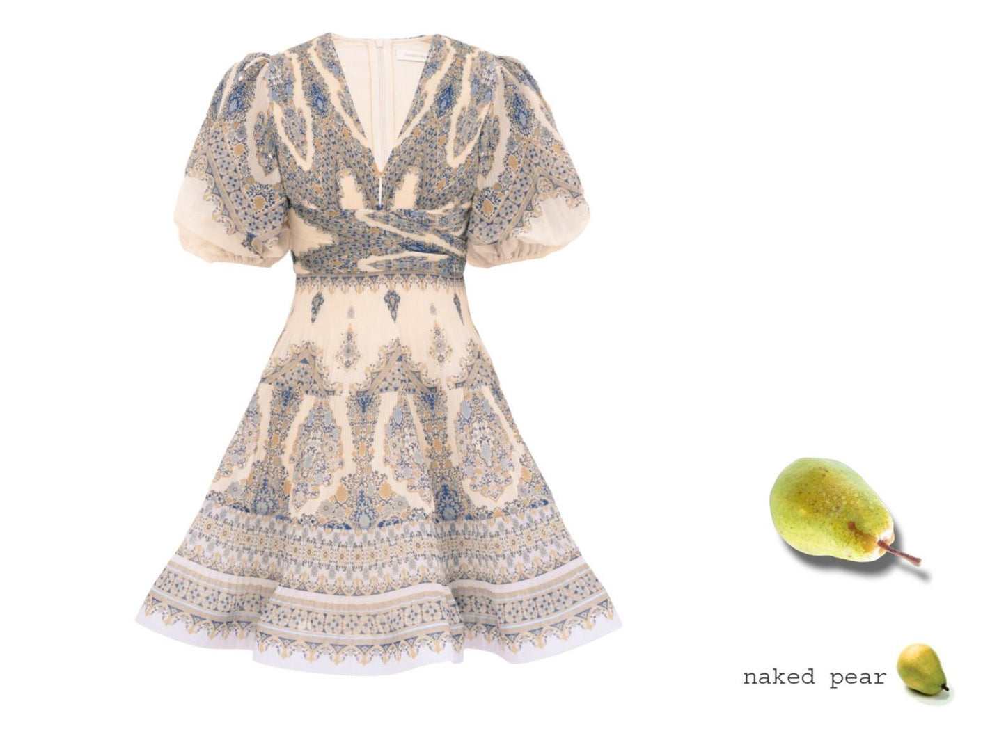 Zimmermann Pleated Mini Dress |Blue Paisley, Puff Sleeves, Plunging V-Neck