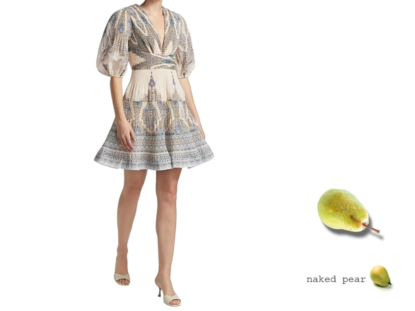 Zimmermann Pleated Mini Dress |Blue Paisley, Puff Sleeves, Plunging V-Neck
