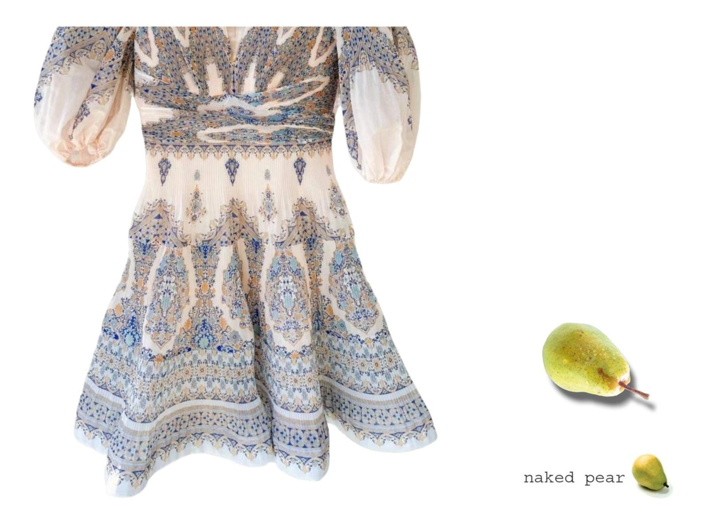 Zimmermann Pleated Mini Dress |Blue Paisley, Puff Sleeves, Plunging V-Neck