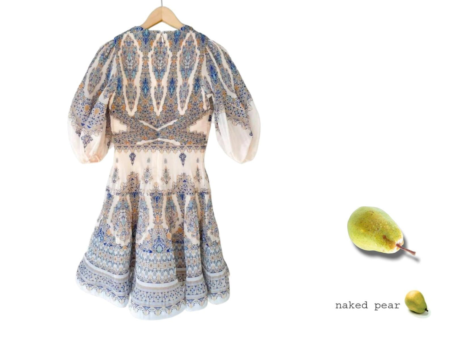 Zimmermann Pleated Mini Dress |Blue Paisley, Puff Sleeves, Plunging V-Neck