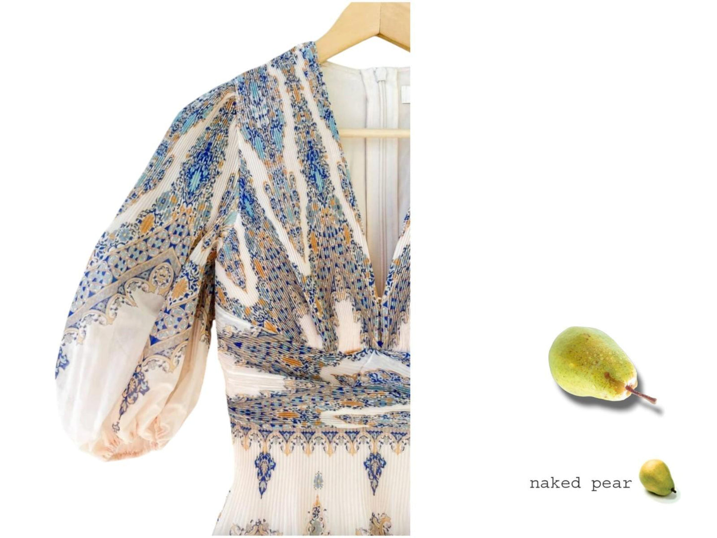 Zimmermann Pleated Mini Dress |Blue Paisley, Puff Sleeves, Plunging V-Neck