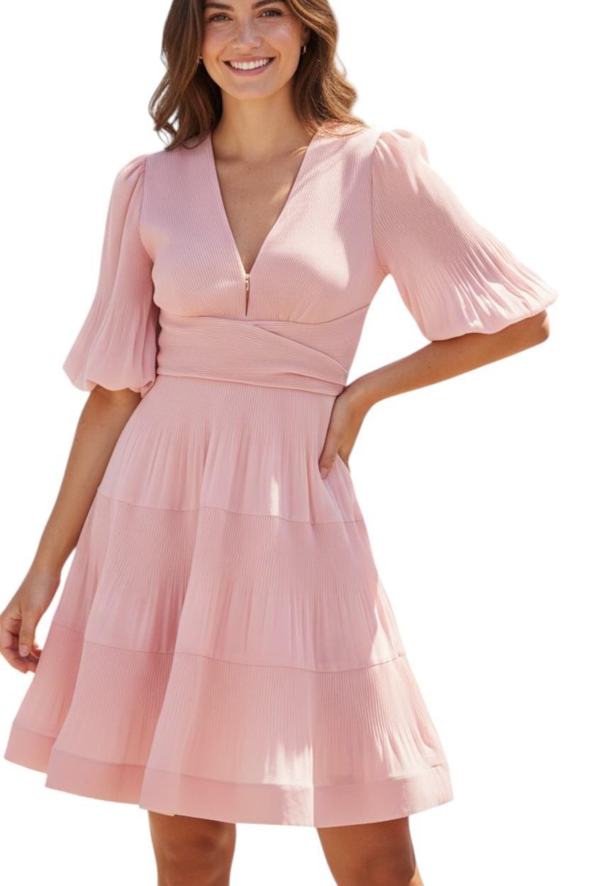 Zimmermann Pleated Mini Dress |Pale Peach/Pink, Puff Sleeves, Plunging V-Neck
