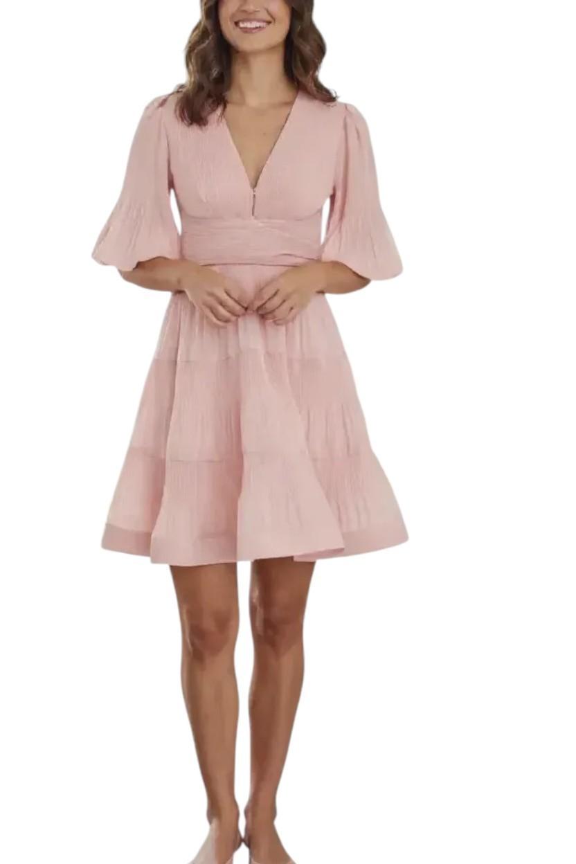 Zimmermann Pleated Mini Dress |Pale Peach/Pink, Puff Sleeves, Plunging V-Neck