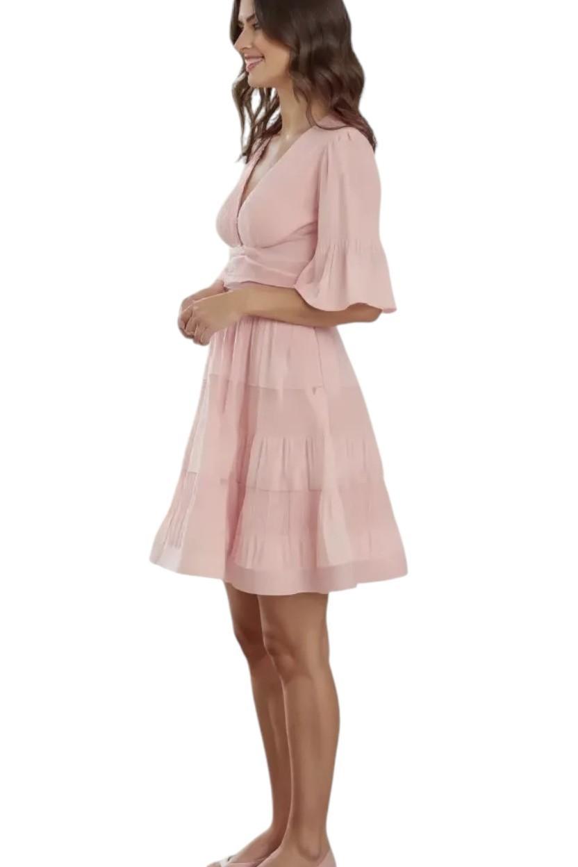 Zimmermann Pleated Mini Dress |Pale Peach/Pink, Puff Sleeves, Plunging V-Neck