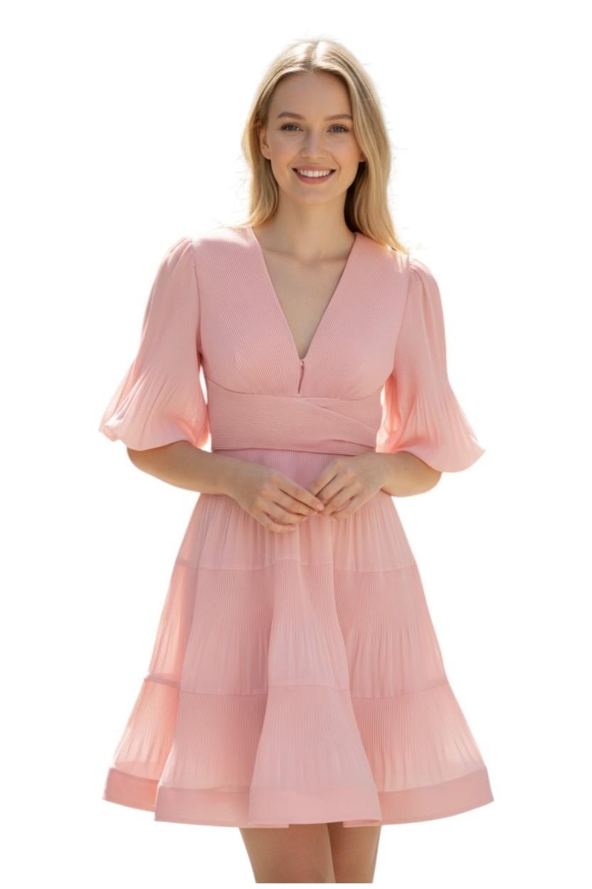 Zimmermann Pleated Mini Dress |Pale Peach/Pink, Puff Sleeves, Plunging V-Neck