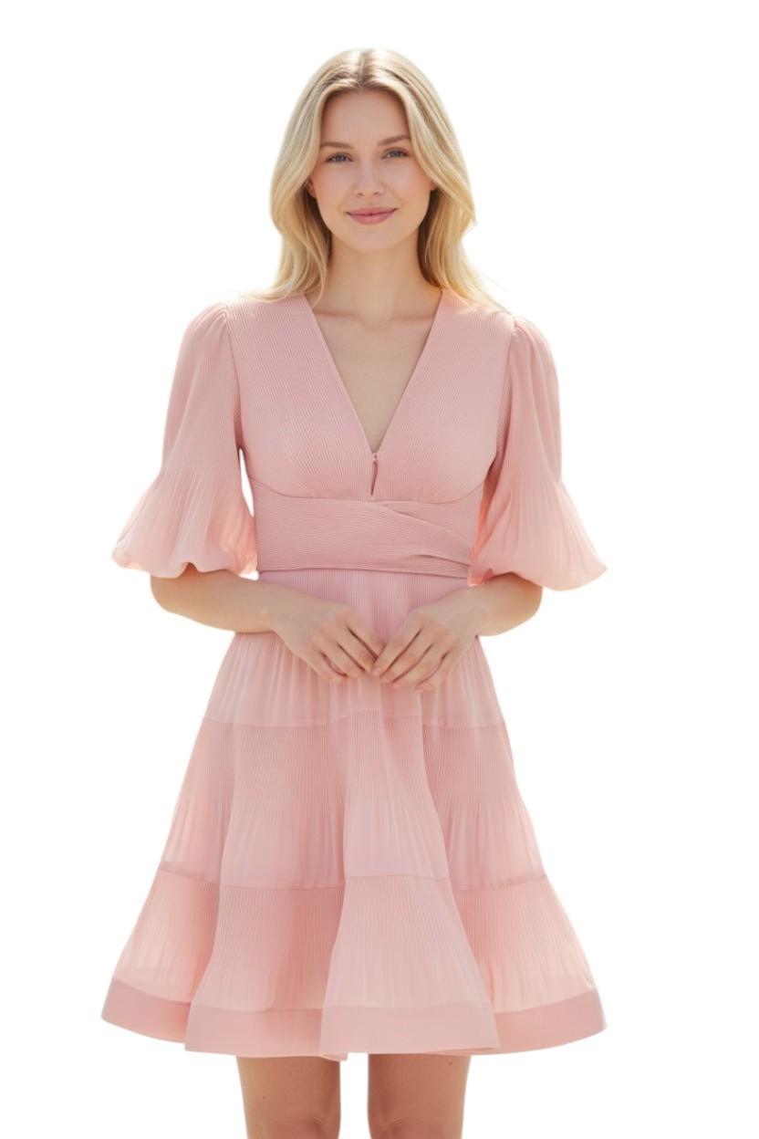 Zimmermann Pleated Mini Dress |Pale Peach/Pink, Puff Sleeves, Plunging V-Neck