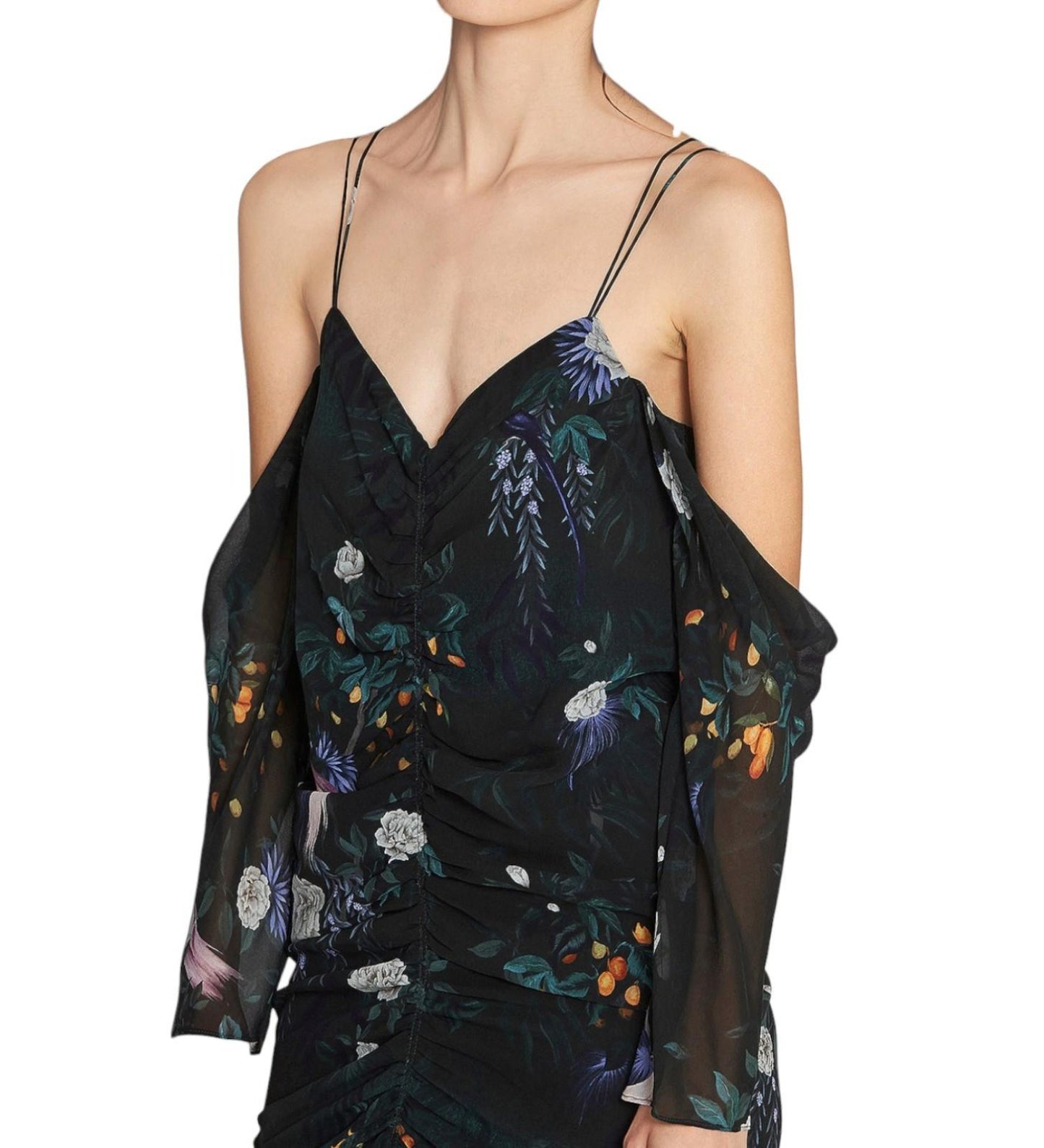 CAMILLA + MARC Arlen Maxi Dress | Sz 8, Black Floral, Ruching, Spaghetti Straps