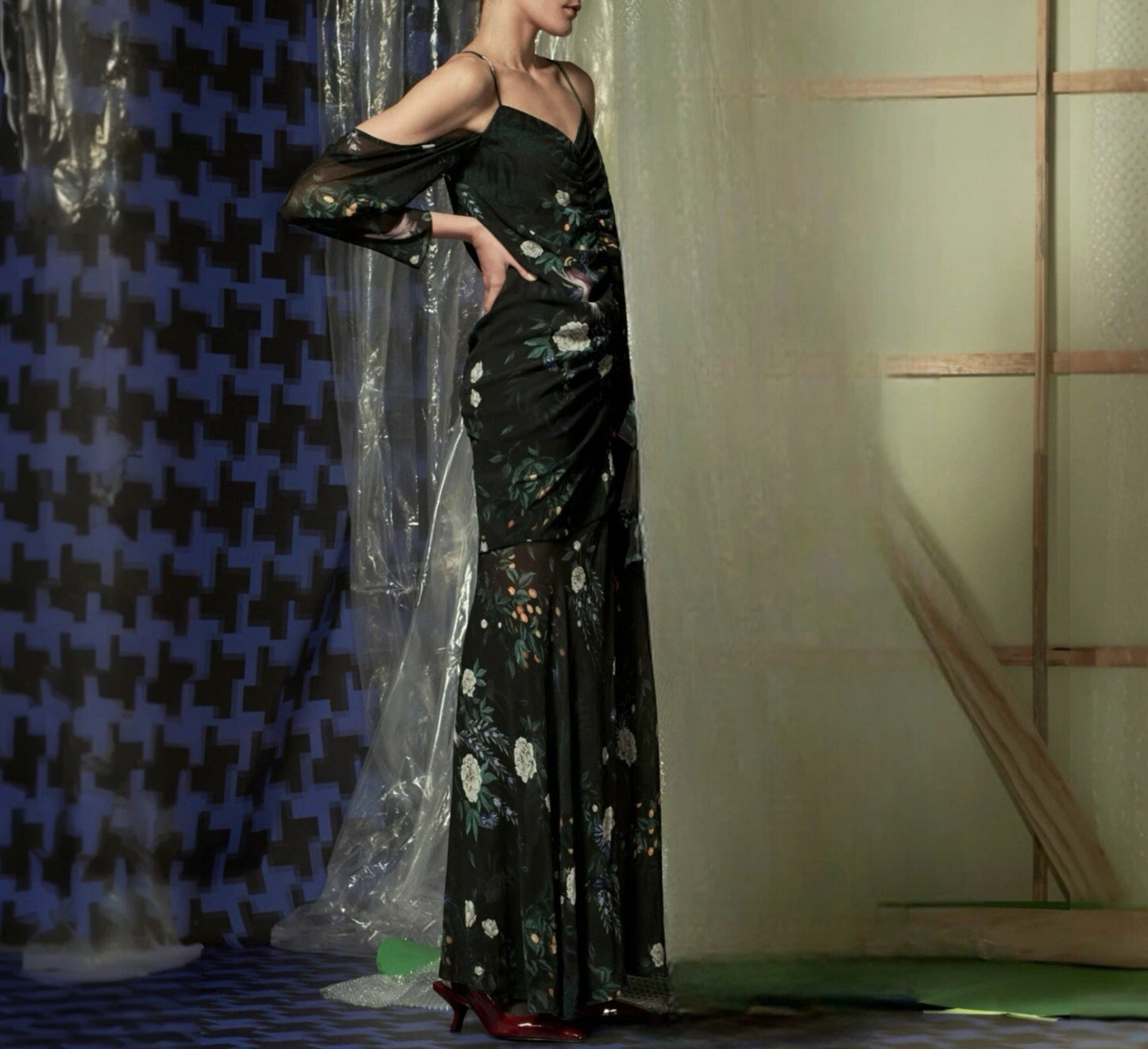 CAMILLA + MARC Arlen Maxi Dress | Sz 8, Black Floral, Ruching, Spaghetti Straps