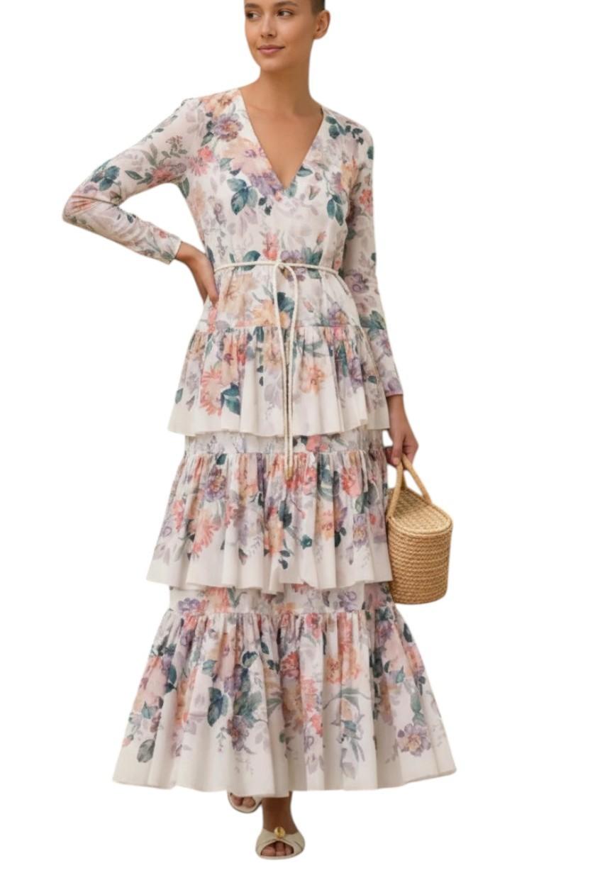 Zimmermann Acacia Tiered Maxi Dress | White Floral, V Neck, Belt, Cotton