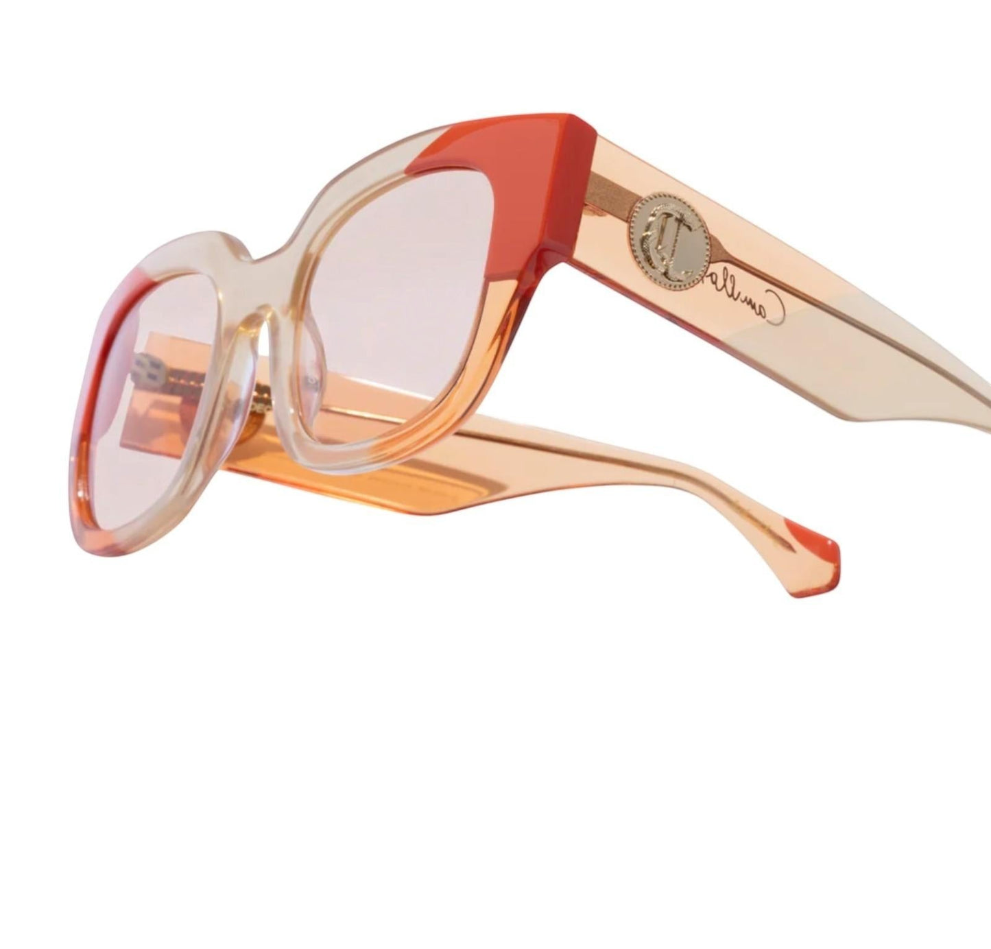 Naked Pear Camilla Decadent Dreams square sunglasses in cornsilk and tangerine acetate with gold temple hardware.