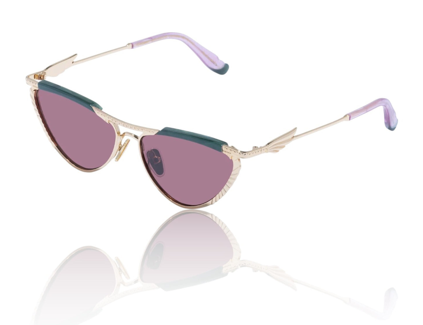 Sunglasses with gold frame and purple lenses on a white background