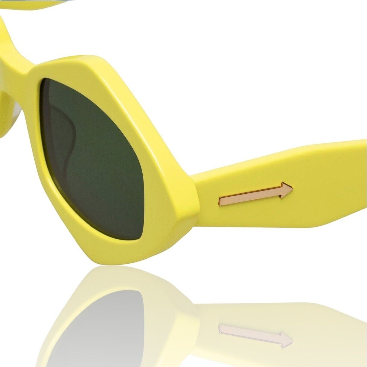 Naked Pear Karen Walker Diamond Dice sunglasses in neon yellow bio-acetate with dark khaki lenses and gold arrow detail.