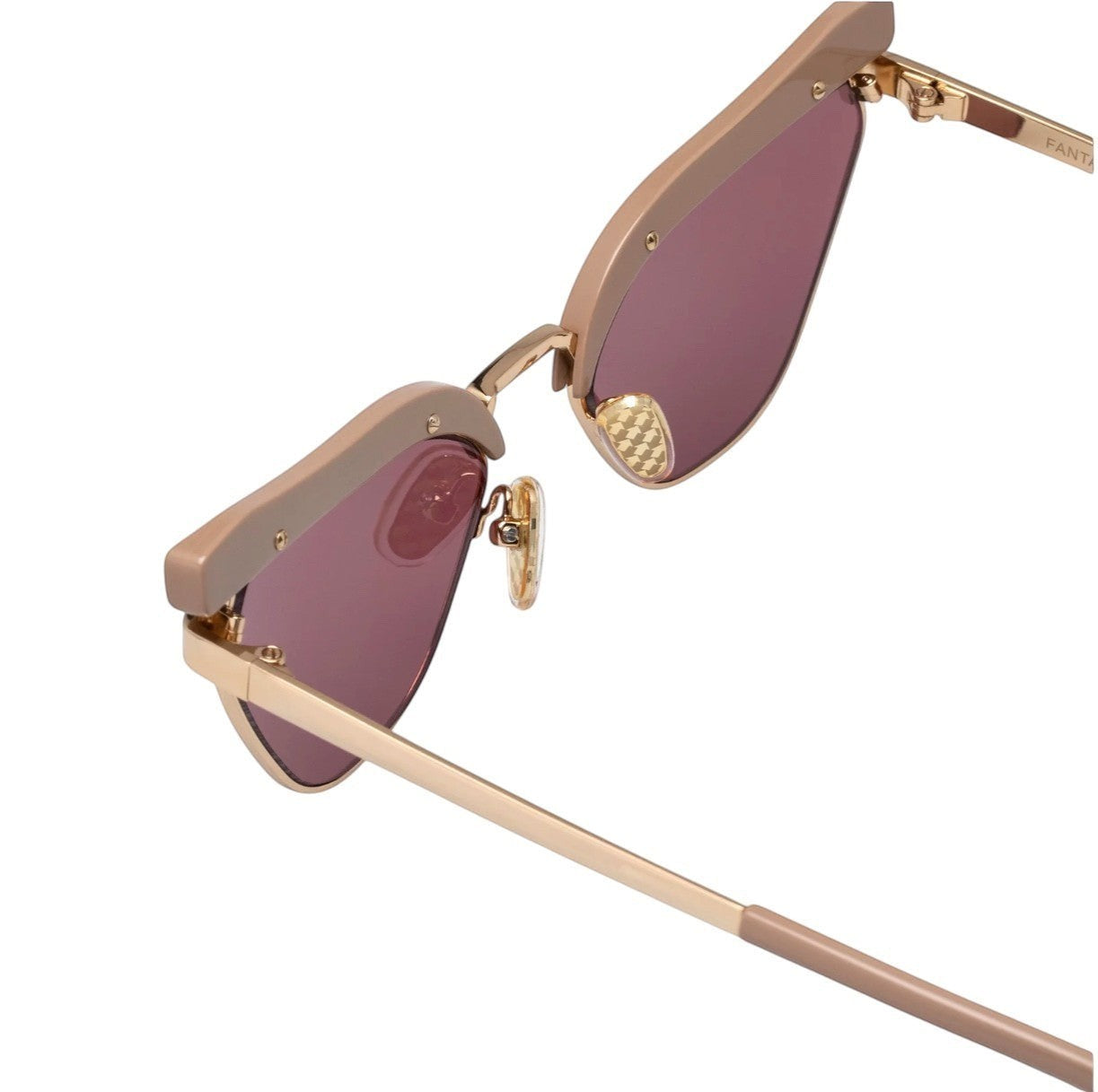 Naked Pear Karen Walker Fantasia cat-eye sunglasses featuring taupe acetate, gold metal hardware, and maroon mono lenses.