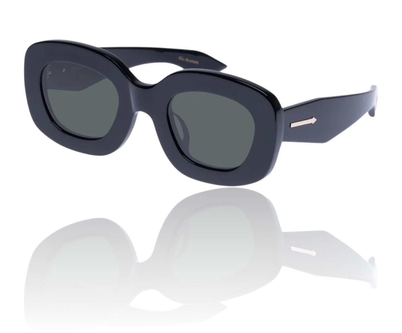 Naked Pear Karen Walker Field Trip sunglasses featuring a chunky black bio-acetate rectangular frame and green lenses.