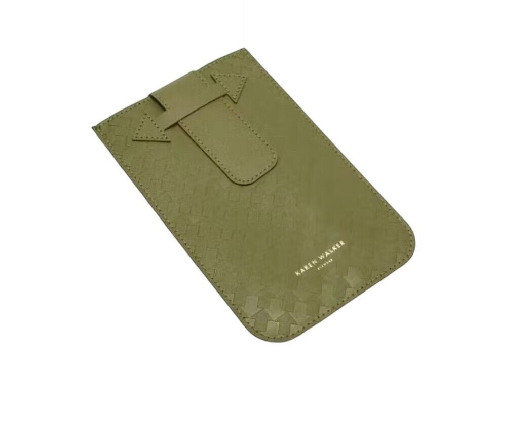 Naked Pear olive green soft protective pouch for Karen Walker eyewear with embossed geometric pattern and logo