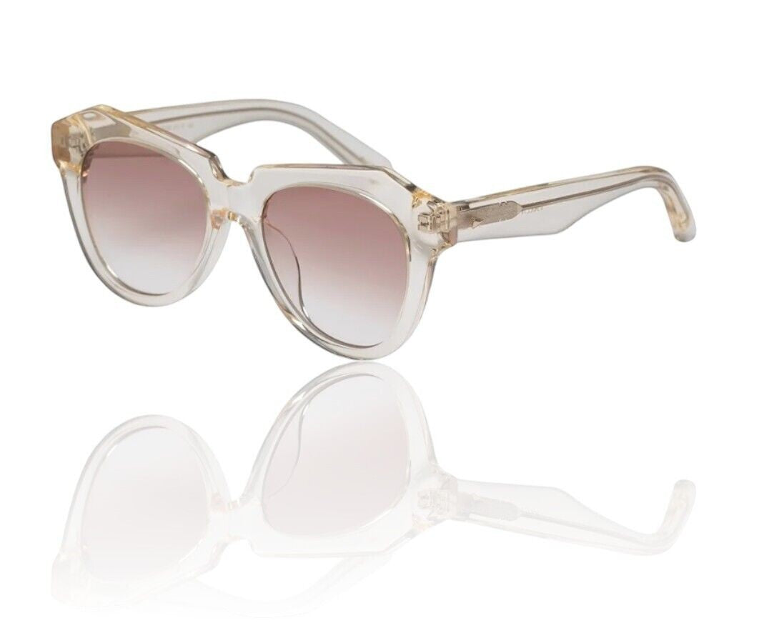 Naked Pear Karen Walker Number One cat-eye sunglasses in vintage clear bio-acetate with brown gradient lenses.