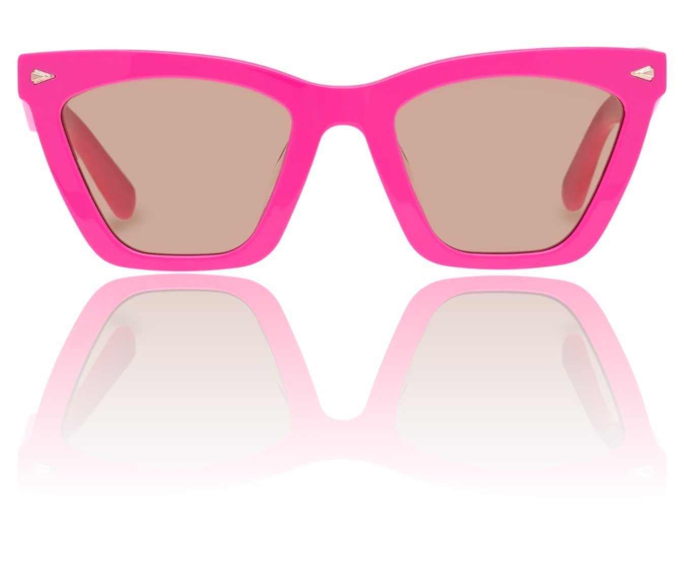 Naked Pear Karen Walker Spellbound cat-eye sunglasses in glossy fuchsia acetate with brown lenses and gold arrow detail.