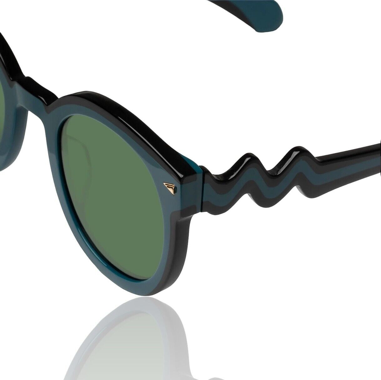Naked Pear Karen Walker Super Wavy Duper sunglasses in teal and black bio-acetate with round frames and wavy arms.