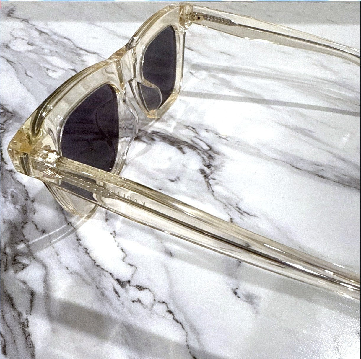 Naked Pear Karen Walker Triple Ripple square sunglasses in vintage clear acetate with grey mono lenses
