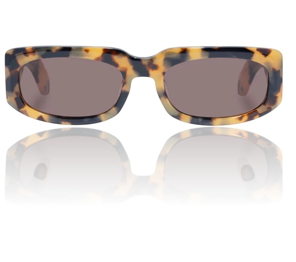 Naked Pear Karen Walker Zahra B rectangle sunglasses in crazy tortoise shell with brown mono lenses.