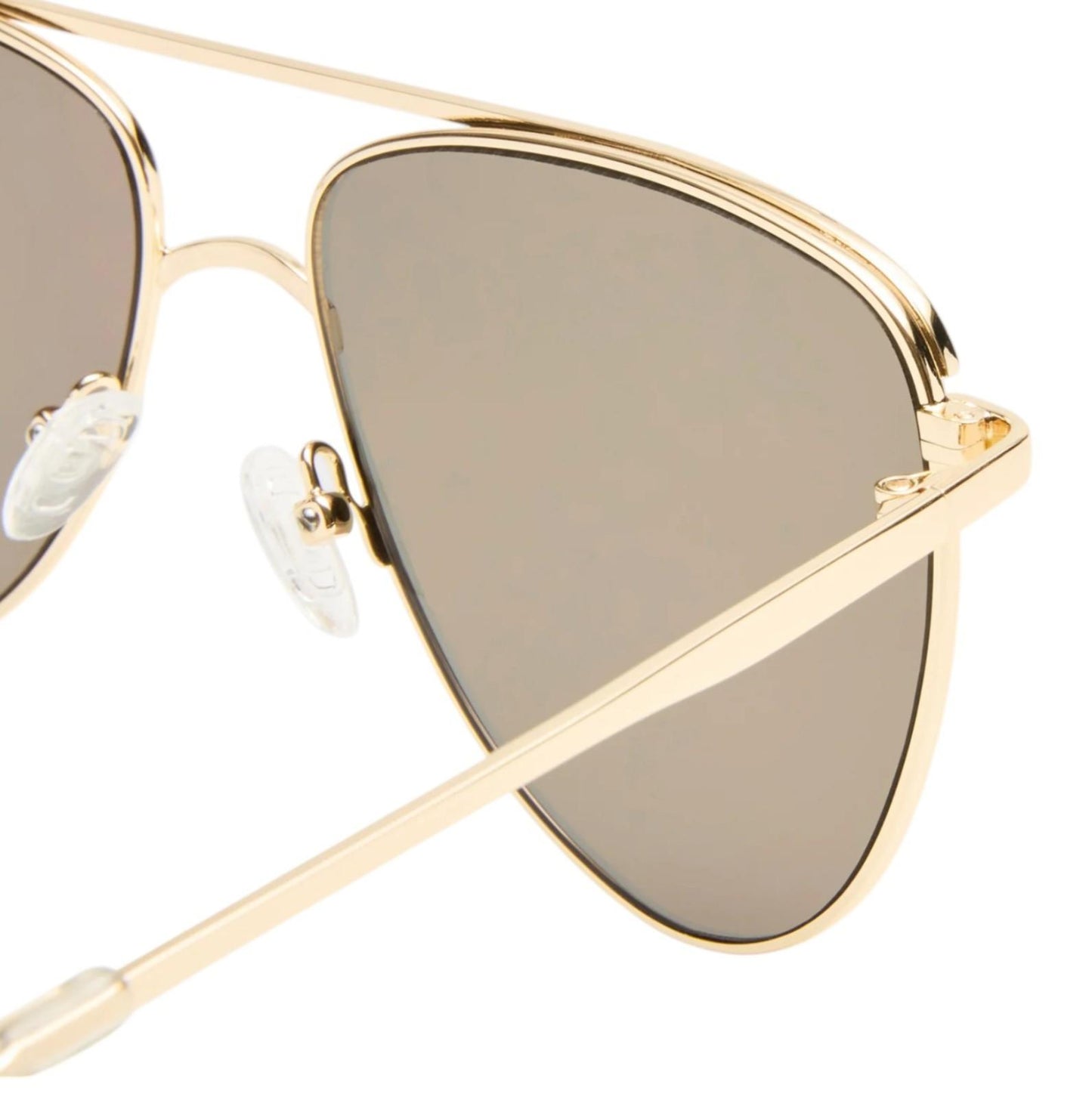 Gold-framed sunglasses with brown lenses on a white background