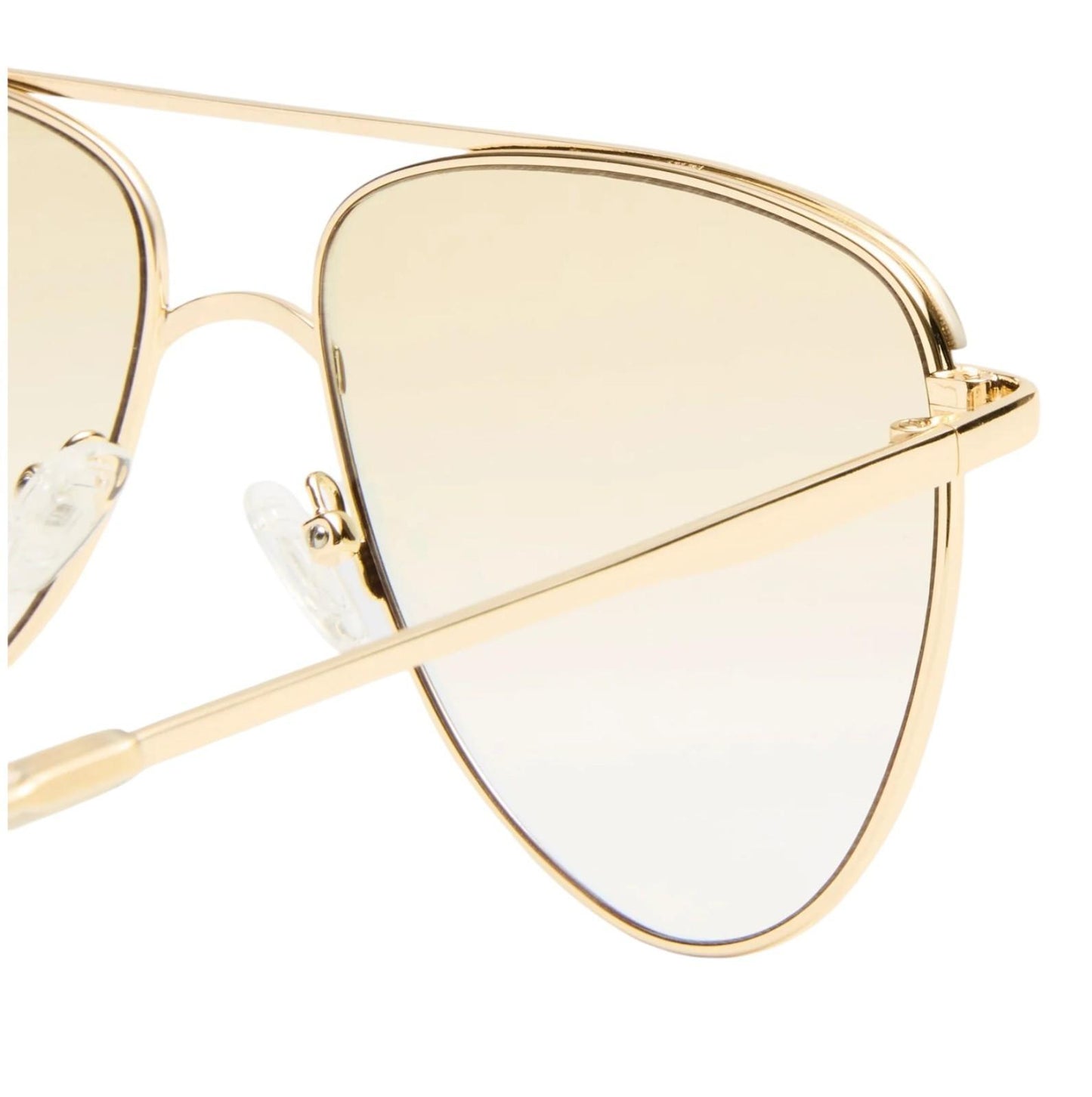 Gold-framed sunglasses with clear lenses on a white background