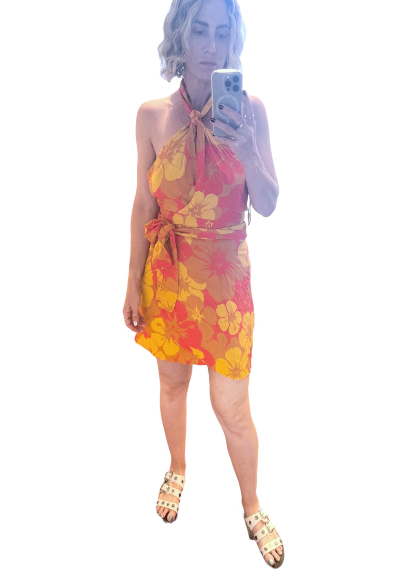 FAITHFUL THE BRAND Odette Mini Dress | Orange/Yellow Floral Print, Sz 12, Linen