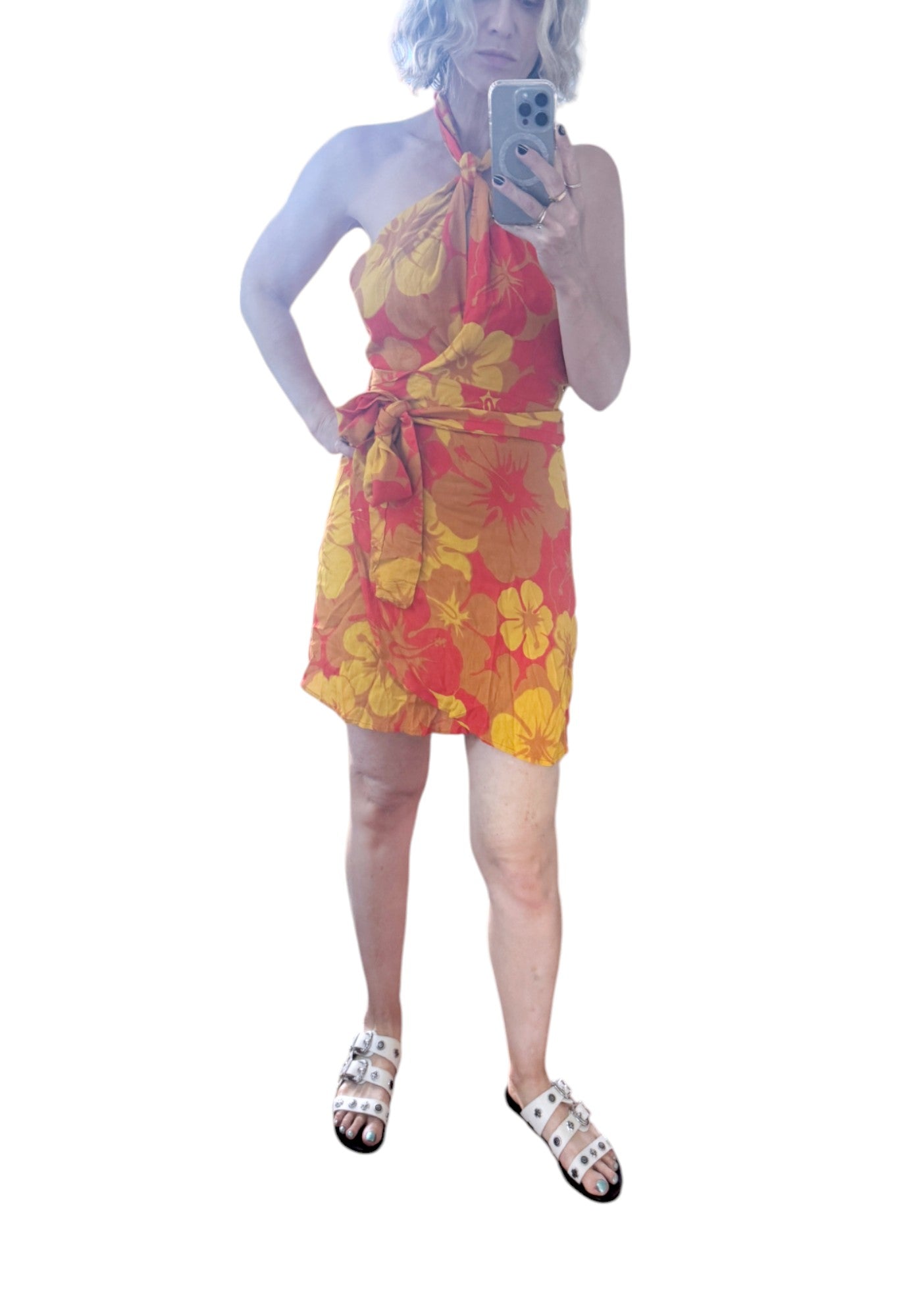 FAITHFUL THE BRAND Odette Mini Dress | Orange/Yellow Floral Print, Sz 12, Linen